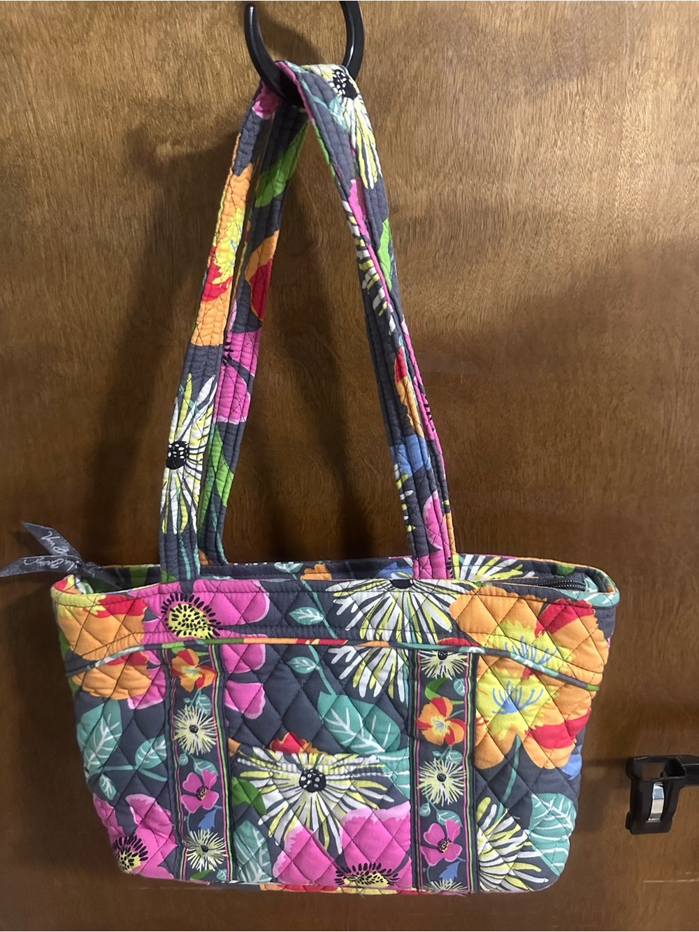 Vera Bradley Quilted Floral Tote in Gray with Pink, Yellow and Green